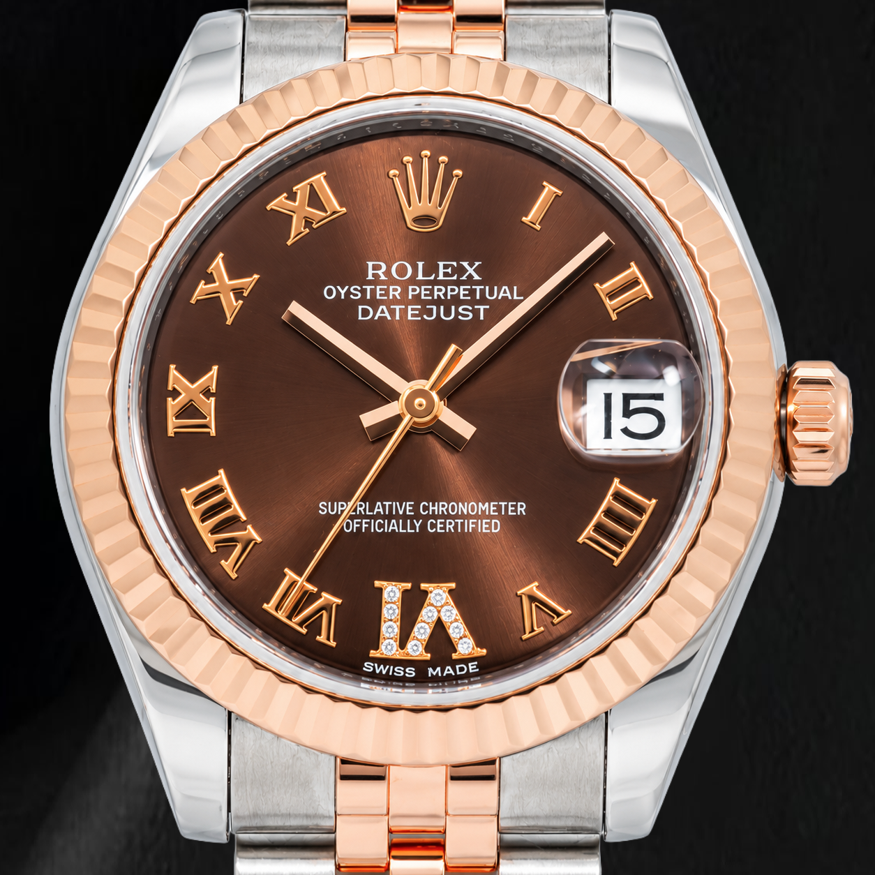 Rolex Datejust 178271 31 mm Uhr, schokoladenbraunes Diamantzifferblatt mit römischen Ziffern, Bicolor Jubilé-Armband