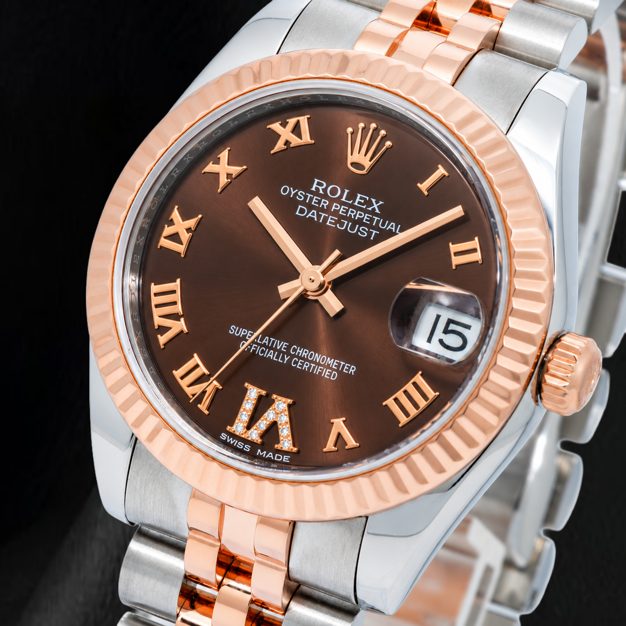 Rolex Datejust 178271 31 mm Uhr, schokoladenbraunes Diamantzifferblatt mit römischen Ziffern, Bicolor Jubilé-Armband