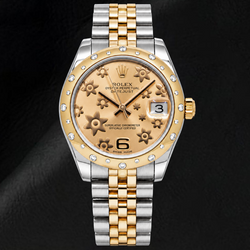 Rolex Datejust 178341 31 mm Champagnerfarbenes Zifferblatt mit Blumenmotiv Bicolor Gelbgold Jubilé-Armband Uhr