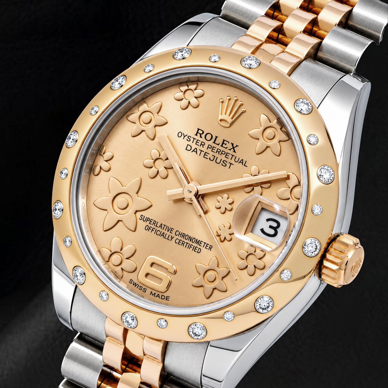 Rolex Datejust 178341 31 mm Champagnerfarbenes Zifferblatt mit Blumenmotiv Bicolor Gelbgold Jubilé-Armband Uhr