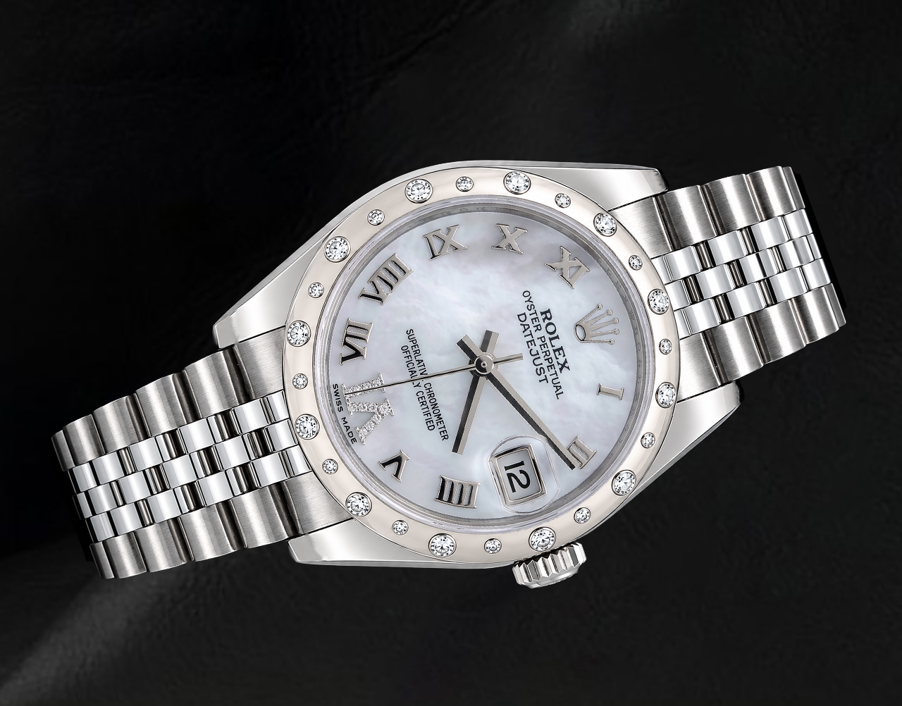 Rolex Datejust 178344 31 mm Uhr aus Edelstahl, Jubilé-Armband, weißes Perlmutt-Zifferblatt mit römischen Ziffern