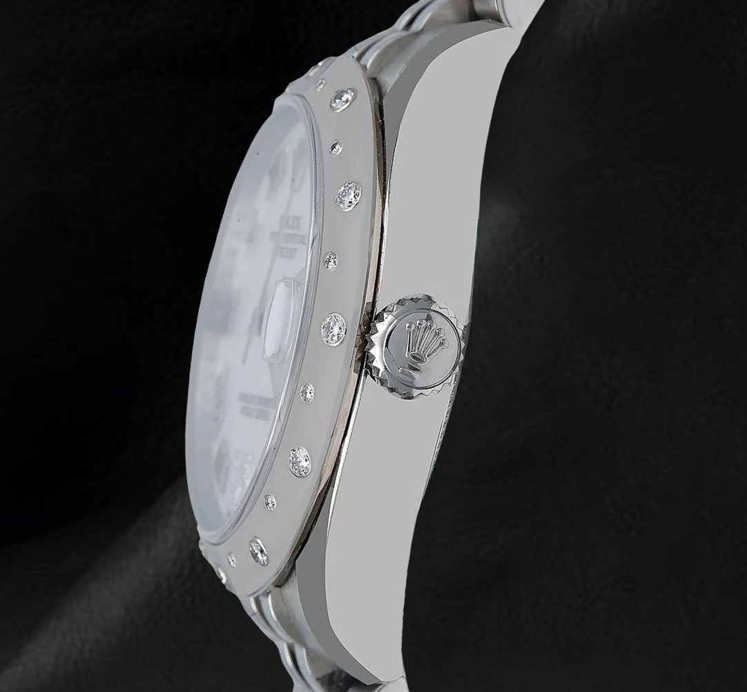 Rolex Datejust 178344 31 mm Uhr aus Edelstahl, Jubilé-Armband, weißes Perlmutt-Zifferblatt mit römischen Ziffern