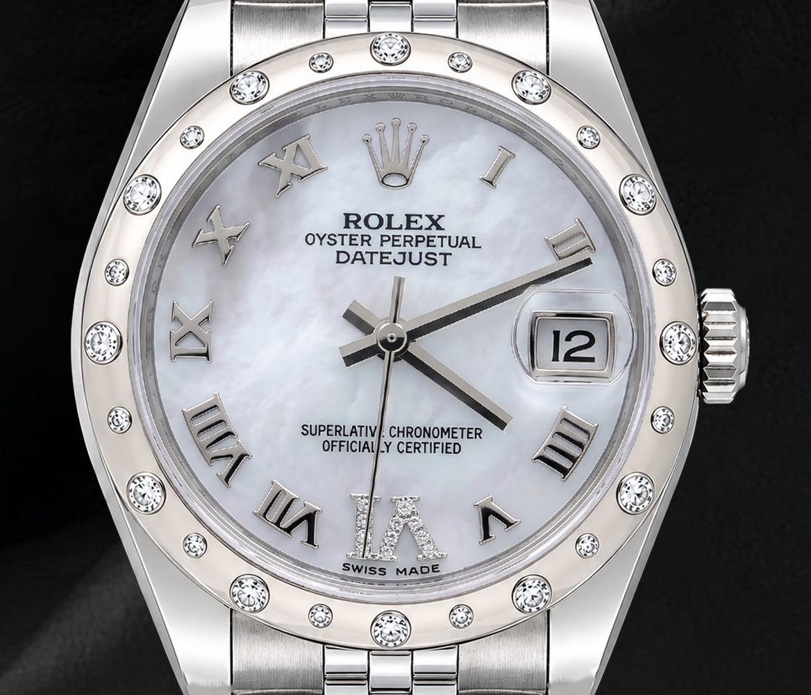 Rolex Datejust 178344 31 mm Uhr aus Weißgold und Edelstahl mit weißem Perlmuttzifferblatt und römischen Ziffern