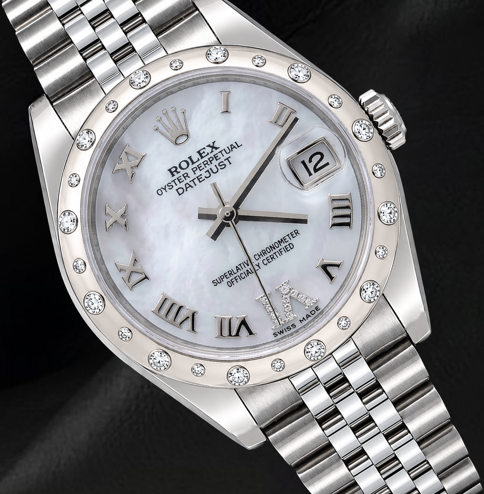 Rolex Datejust 178344 31 mm Uhr aus Weißgold und Edelstahl mit weißem Perlmuttzifferblatt und römischen Ziffern