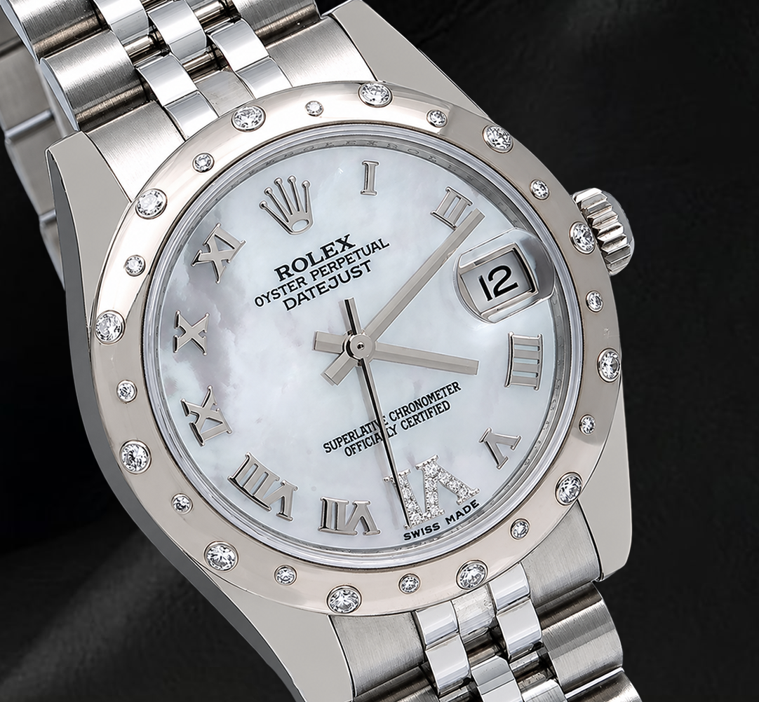 Rolex Datejust 178344 31 mm Uhr aus Weißgold und Edelstahl mit weißem Perlmuttzifferblatt und römischen Ziffern