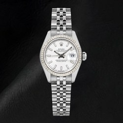 Rolex Datejust 179174 26 mm Uhr aus Edelstahl, silbernes, leuchtendes Zifferblatt mit Stabindizes