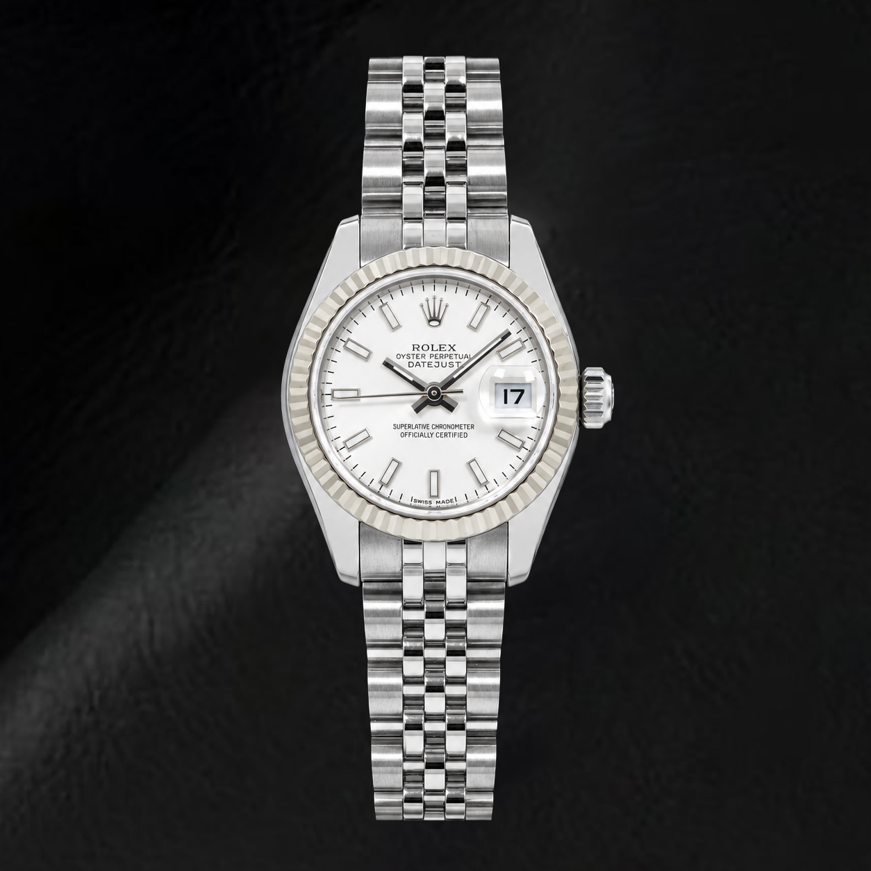 Rolex Datejust 179174 26 mm Uhr aus Edelstahl, silbernes, leuchtendes Zifferblatt mit Stabindizes