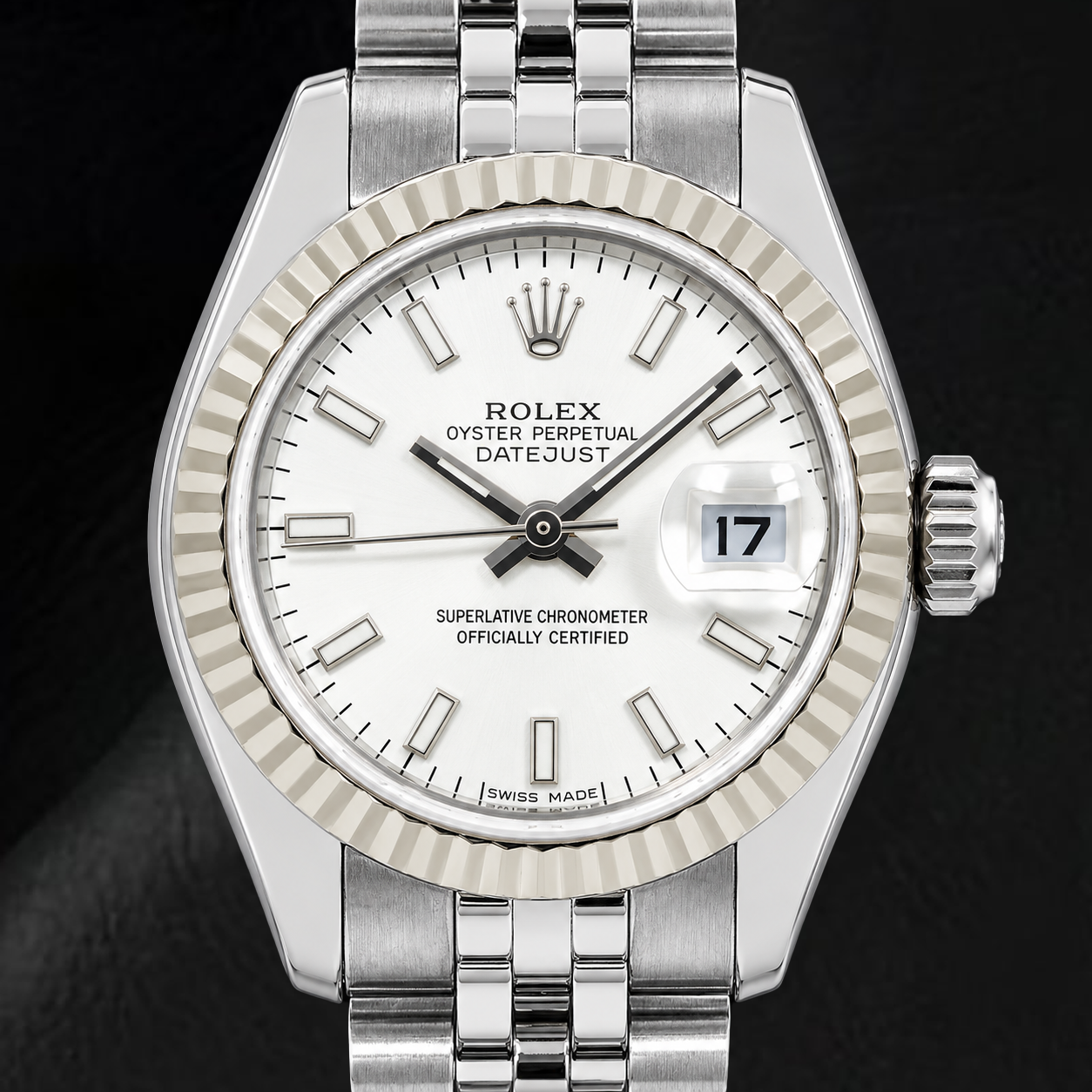 Rolex Datejust 179174 26 mm Uhr aus Edelstahl, silbernes, leuchtendes Zifferblatt mit Stabindizes