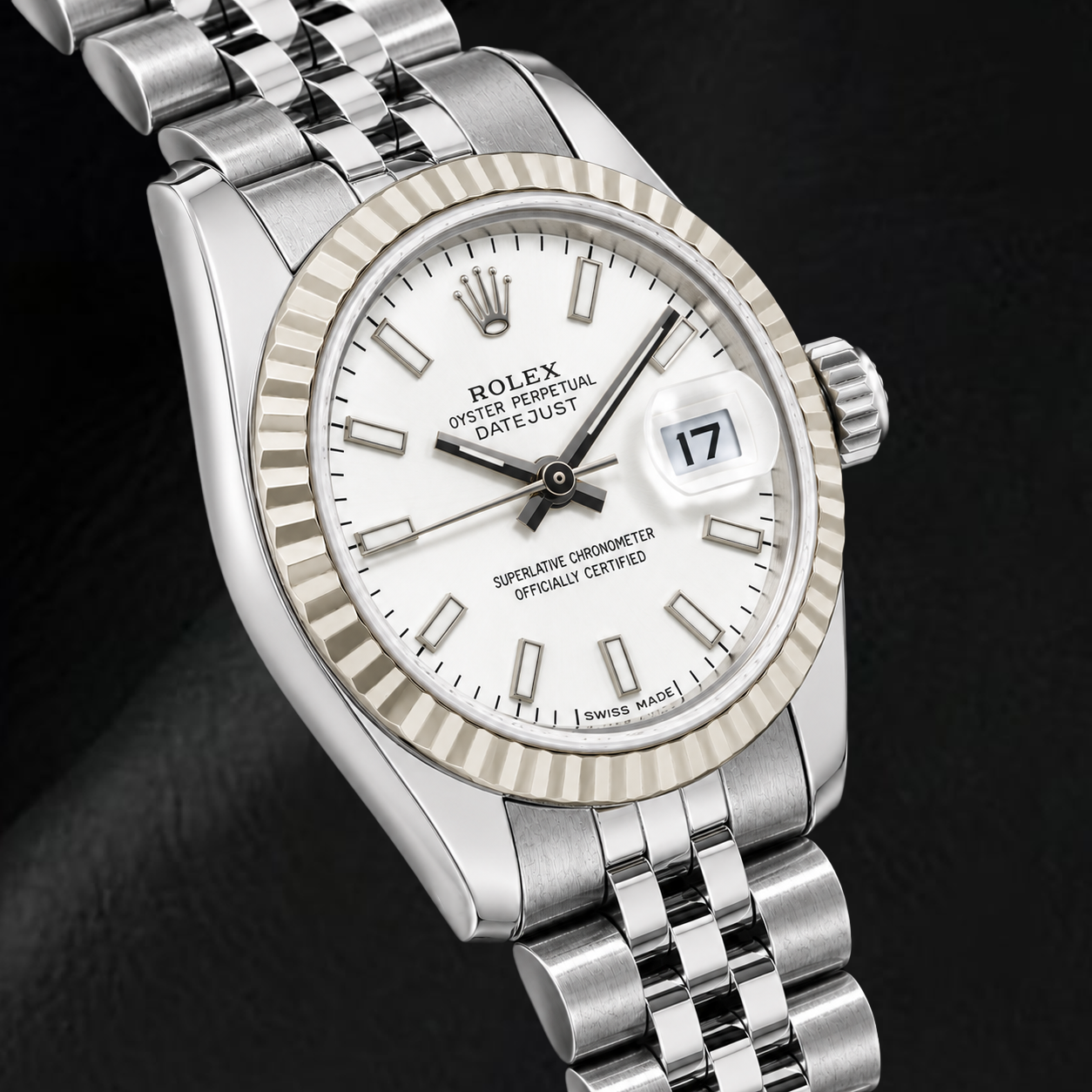 Rolex Datejust 179174 26 mm Uhr aus Edelstahl, silbernes, leuchtendes Zifferblatt mit Stabindizes