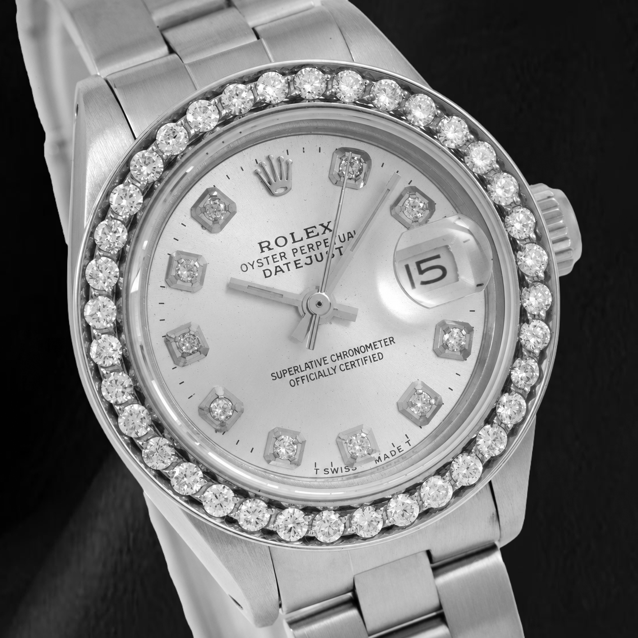 Rolex Datejust 69160 26 mm Uhr aus Edelstahl mit silbernem Diamantzifferblatt