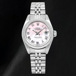 Rolex Datejust 26 mm 69174 Edelstahl-Uhr mit rosa Perlmutt-Zifferblatt und römischen Ziffern