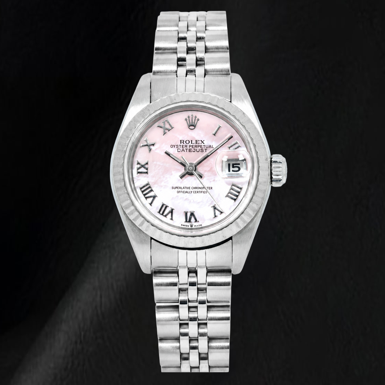 Rolex Datejust 26 mm 69174 Edelstahl-Uhr mit rosa Perlmutt-Zifferblatt und römischen Ziffern