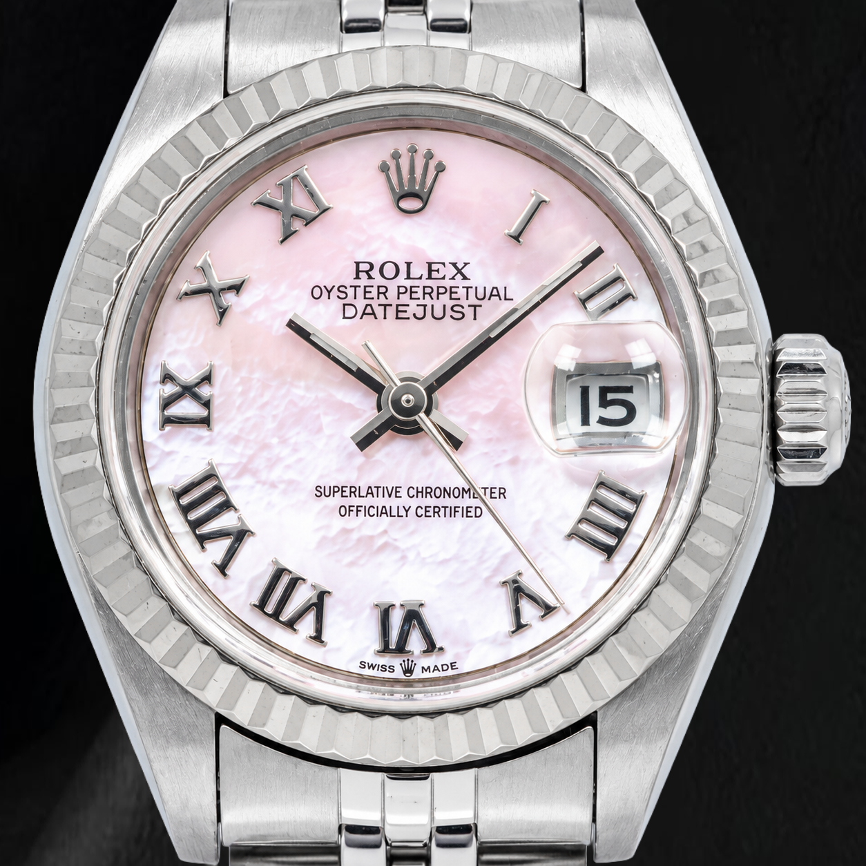 Rolex Datejust 26 mm 69174 Edelstahl-Uhr mit rosa Perlmutt-Zifferblatt und römischen Ziffern