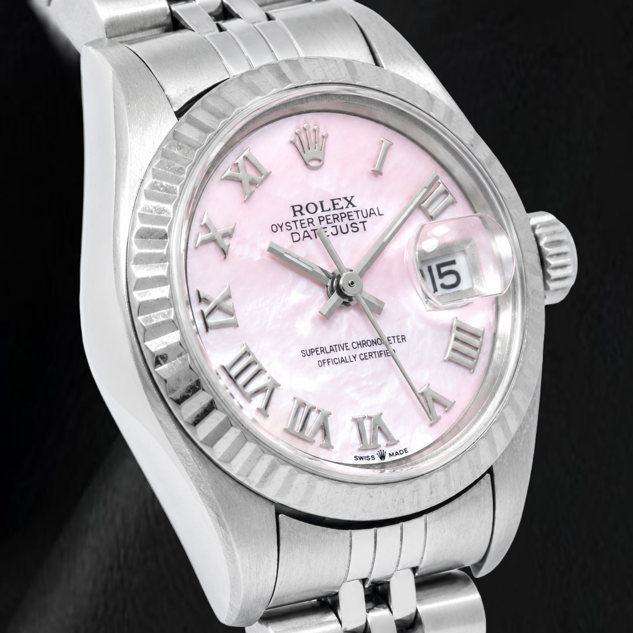 Rolex Datejust 26 mm 69174 Edelstahl-Uhr mit rosa Perlmutt-Zifferblatt und römischen Ziffern