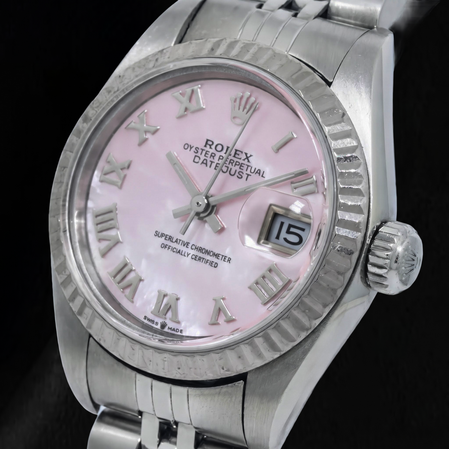 Rolex Datejust 26 mm 69174 Edelstahl-Uhr mit rosa Perlmutt-Zifferblatt und römischen Ziffern