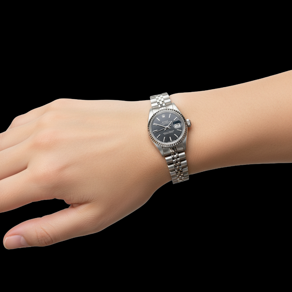Rolex Datejust 26 mm Damenuhr aus Edelstahl mit schwarzem Zifferblatt P2