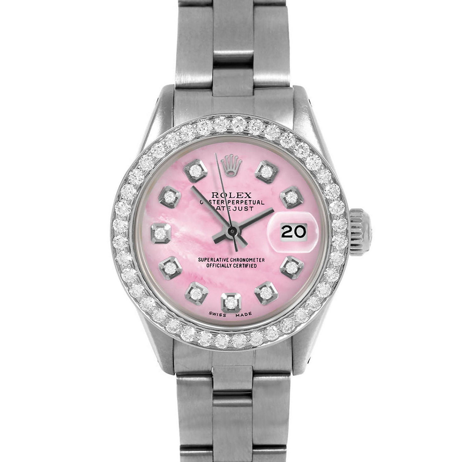 Rolex Datejust 26 mm Damenuhr mit rosa Perlmutt-Diamant-Zifferblatt und Edelstahl-Oyster-Armband