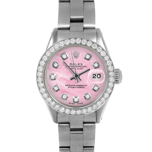 Rolex Datejust 26 mm Damenuhr mit rosa Perlmutt-Diamant-Zifferblatt und Edelstahl-Oyster-Armband