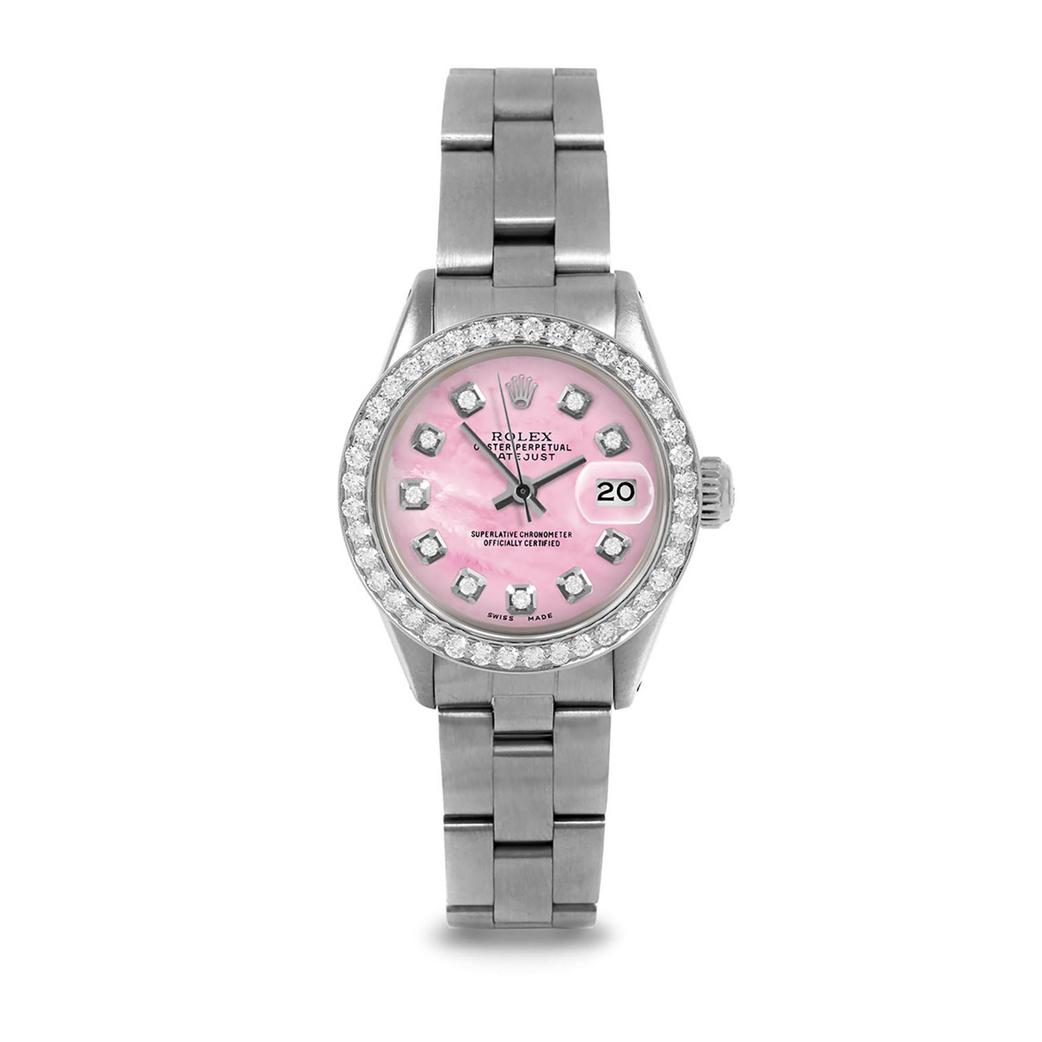 Rolex Datejust 26 mm Damenuhr mit rosa Perlmutt-Diamant-Zifferblatt und Edelstahl-Oyster-Armband
