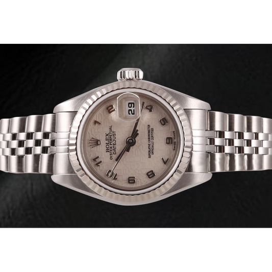 Rolex Datejust 26 mm Edelstahluhr mit weißem arabischen Jubilee-Zifferblatt