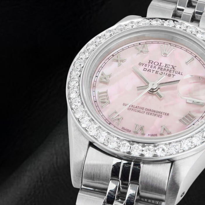 Rolex Datejust – 26 mm Edelstahluhr mit römischem Zifferblatt und rosa Perlmutt