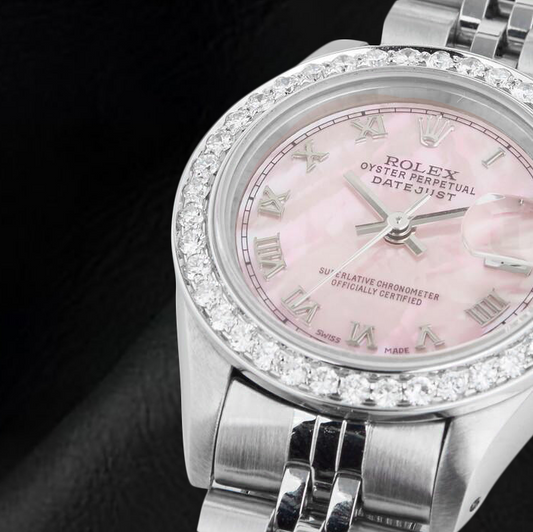 Rolex Datejust – 26 mm Edelstahluhr mit römischem Zifferblatt und rosa Perlmutt