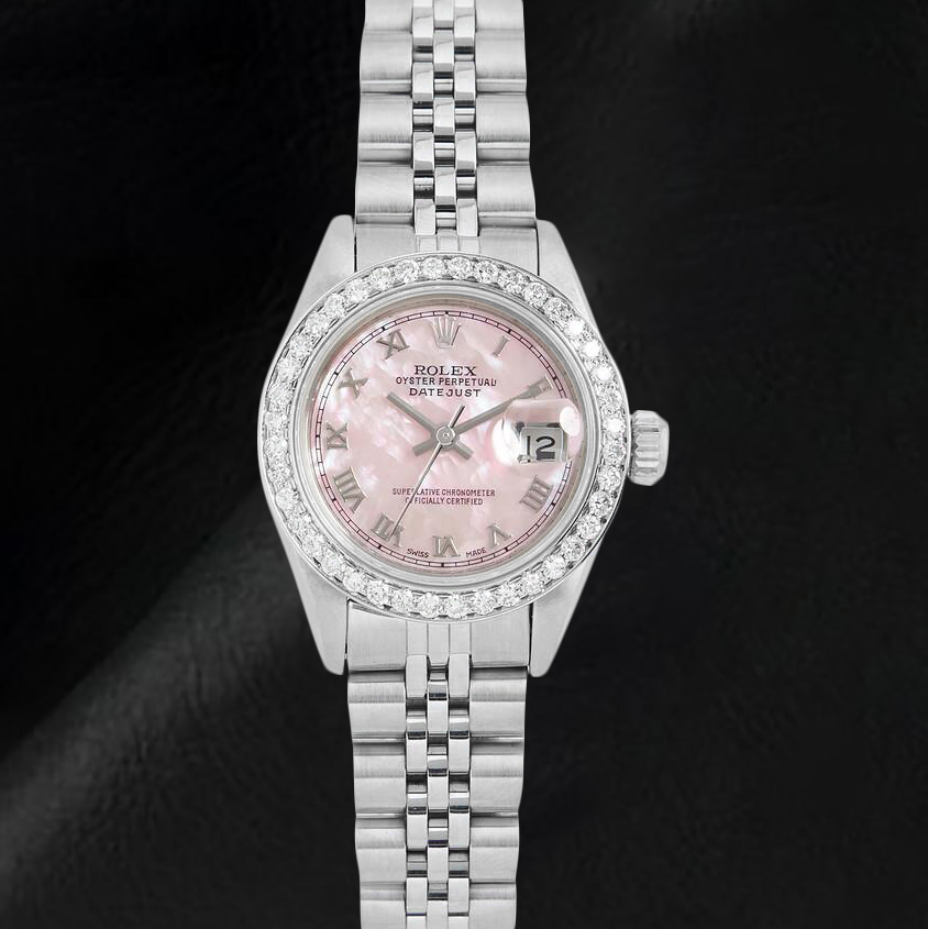 Rolex Datejust – 26 mm Edelstahluhr mit römischem Zifferblatt und rosa Perlmutt