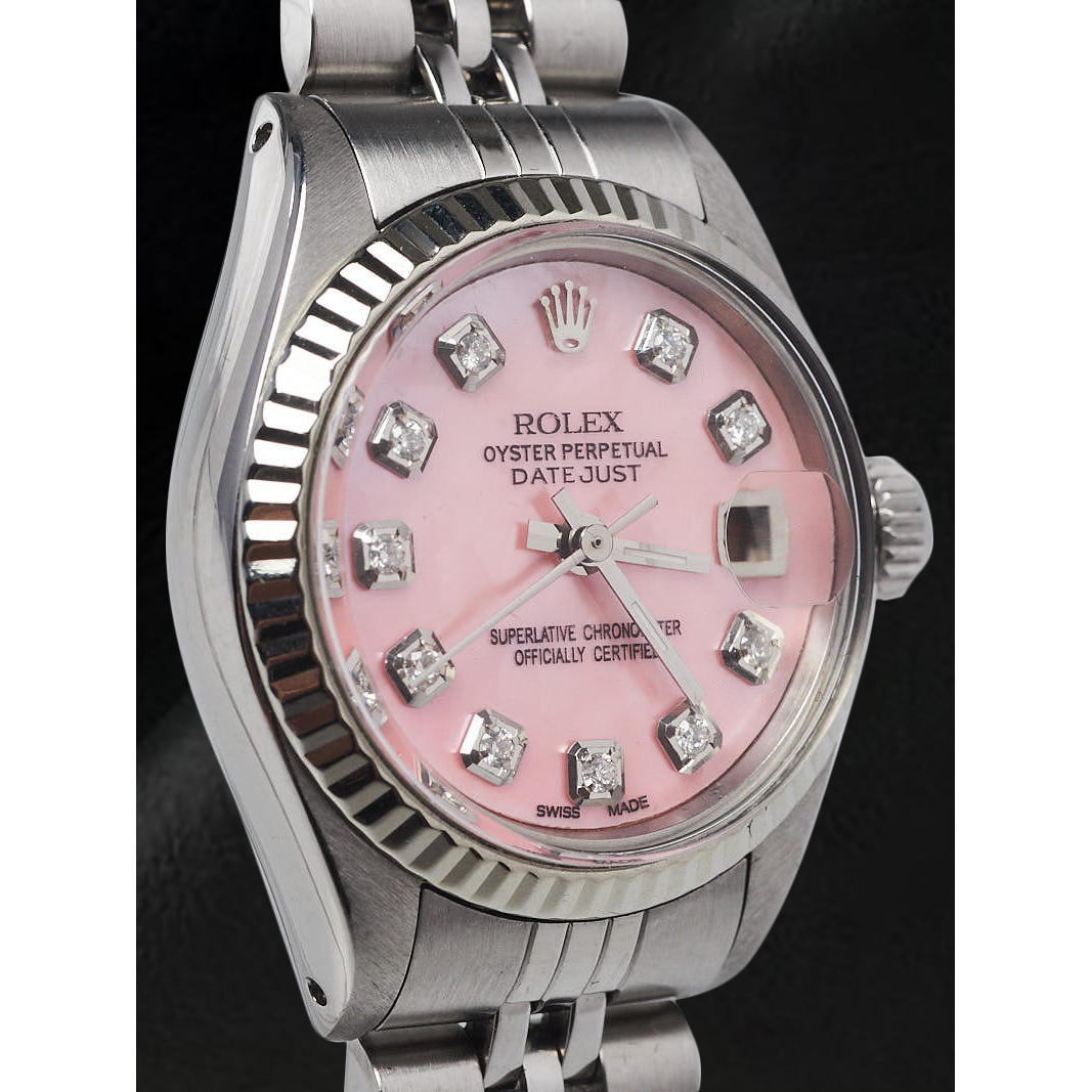 Rolex Datejust 26 mm Edelstahluhr mit rosa Perlmutt-Diamant-Zifferblatt