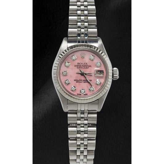Rolex Datejust 26 mm Edelstahluhr mit rosa Perlmutt-Diamant-Zifferblatt