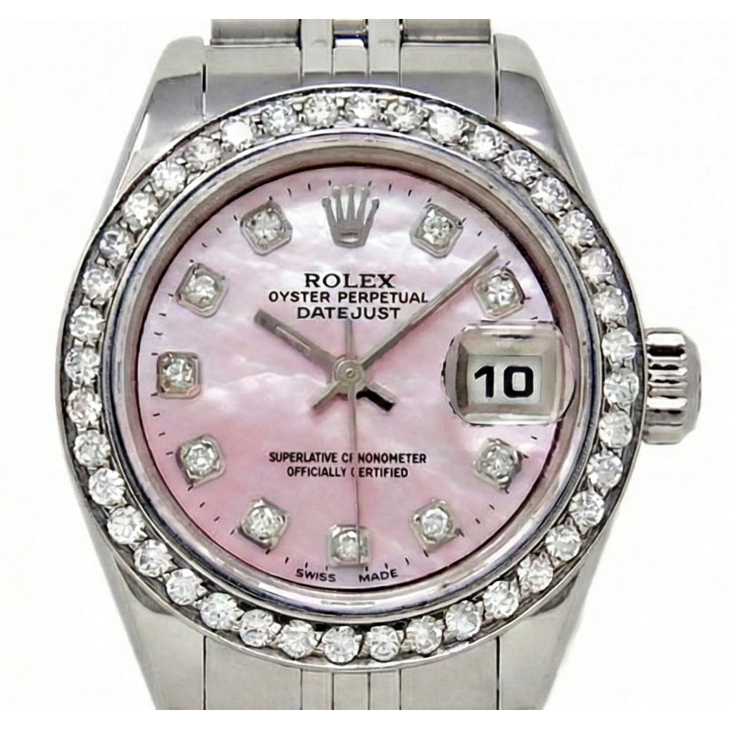 Rolex Datejust 26 mm, rosa Perlmutt, 2004, Diamant-Zifferblatt, Edelstahl, Uhr 79174