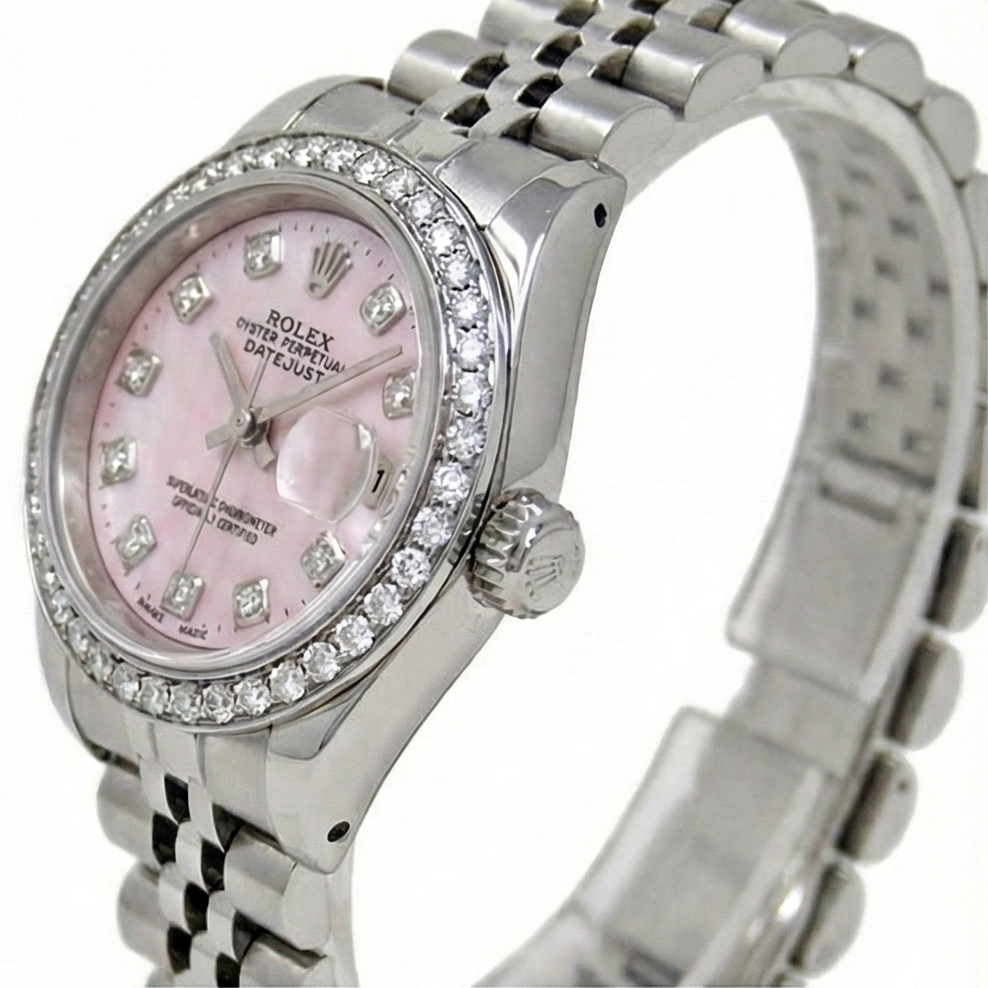 Rolex Datejust 26 mm, rosa Perlmutt, 2004, Diamant-Zifferblatt, Edelstahl, Uhr 79174