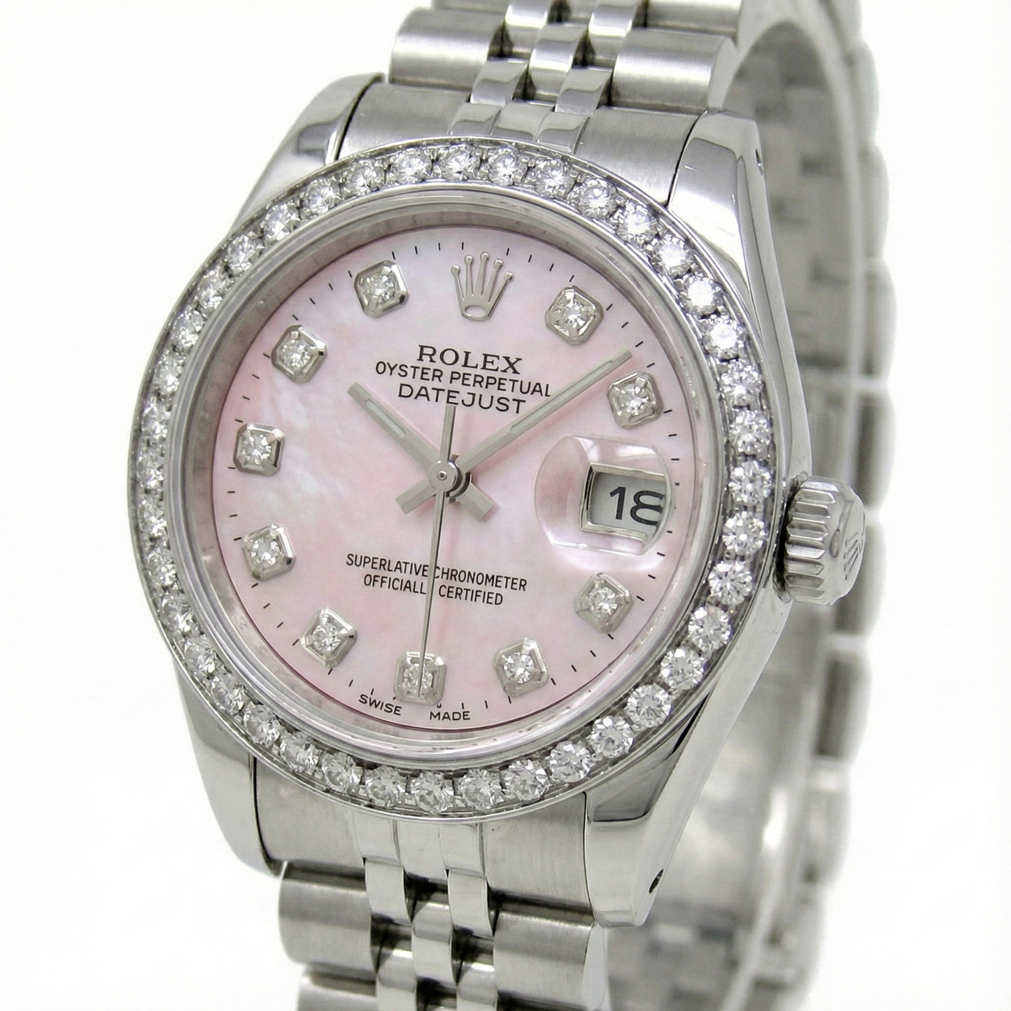 Rolex Datejust 26 mm, rosa Perlmutt, 2004, Diamant-Zifferblatt, Edelstahl, Uhr 79174