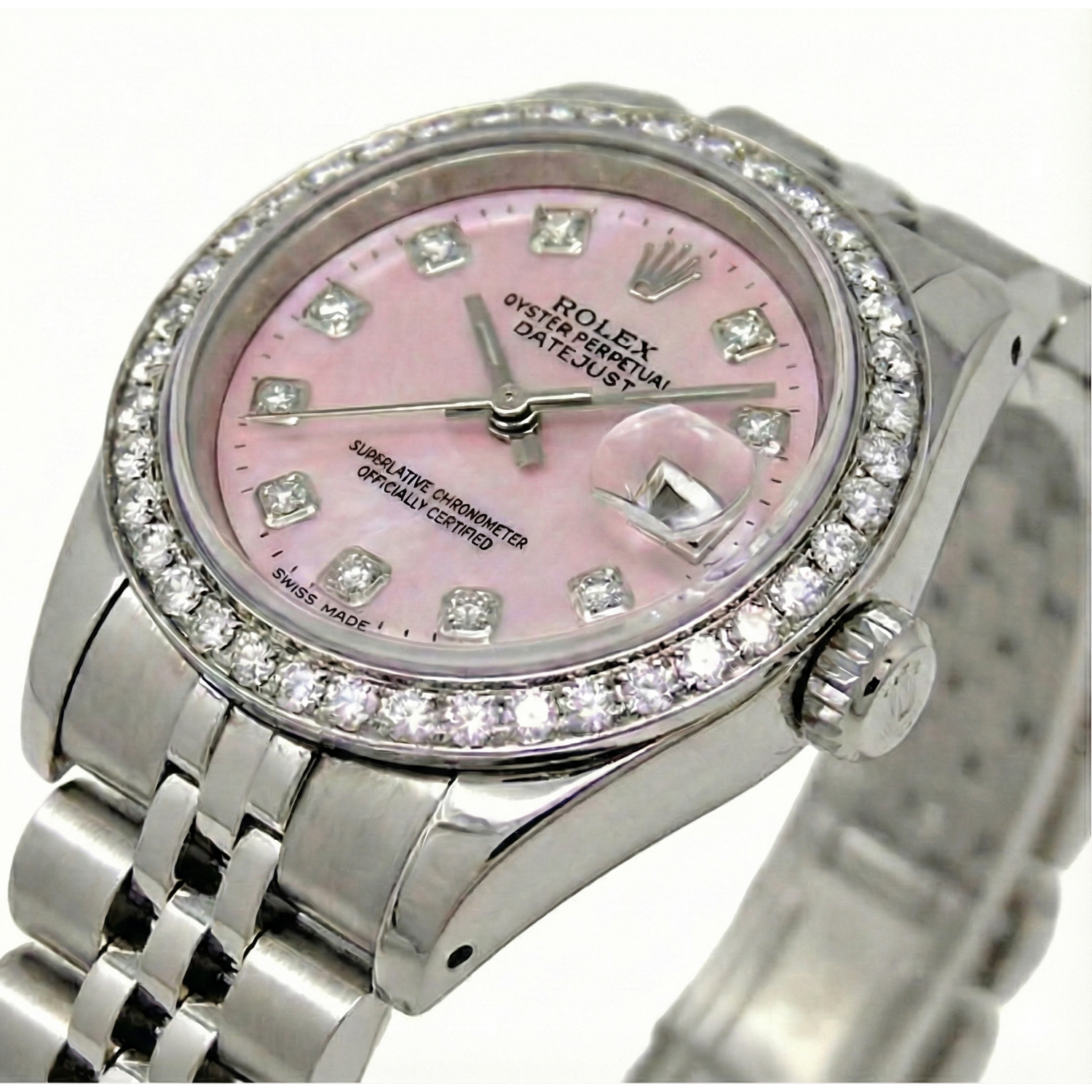 Rolex Datejust 26 mm, rosa Perlmutt, 2004, Diamant-Zifferblatt, Edelstahl, Uhr 79174