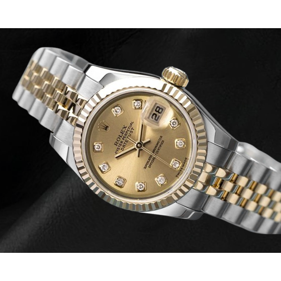 Rolex Datejust, 26 mm, zweifarbig, champagnerfarbenes Diamant-Zifferblatt, versteckter Verschluss, Schnelleinstellung2