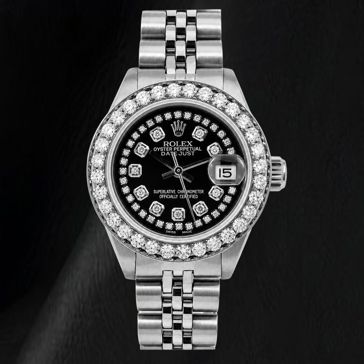 Rolex Datejust 26 mm 6916 Edelstahluhr, schwarzes Diamantzifferblatt mit Diamantkranz