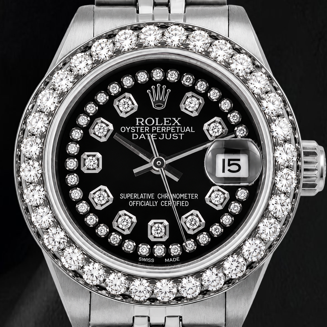 Rolex Datejust 26 mm 6916 Edelstahluhr, schwarzes Diamantzifferblatt mit Diamantkranz