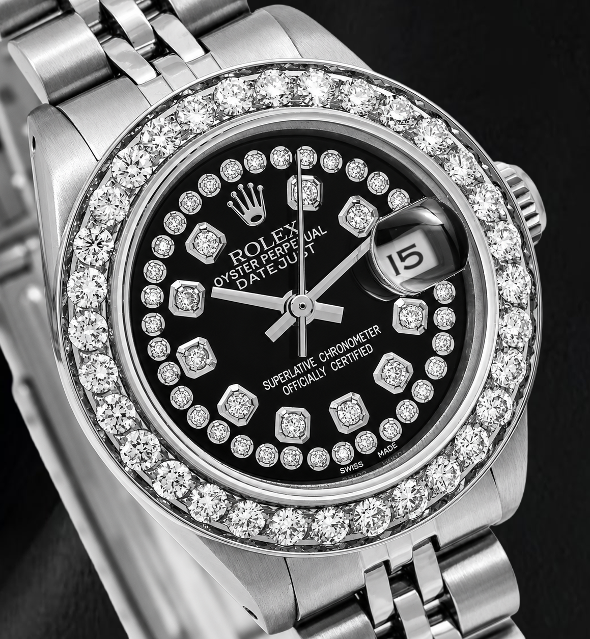 Rolex Datejust 26 mm 6916 Edelstahluhr, schwarzes Diamantzifferblatt mit Diamantkranz