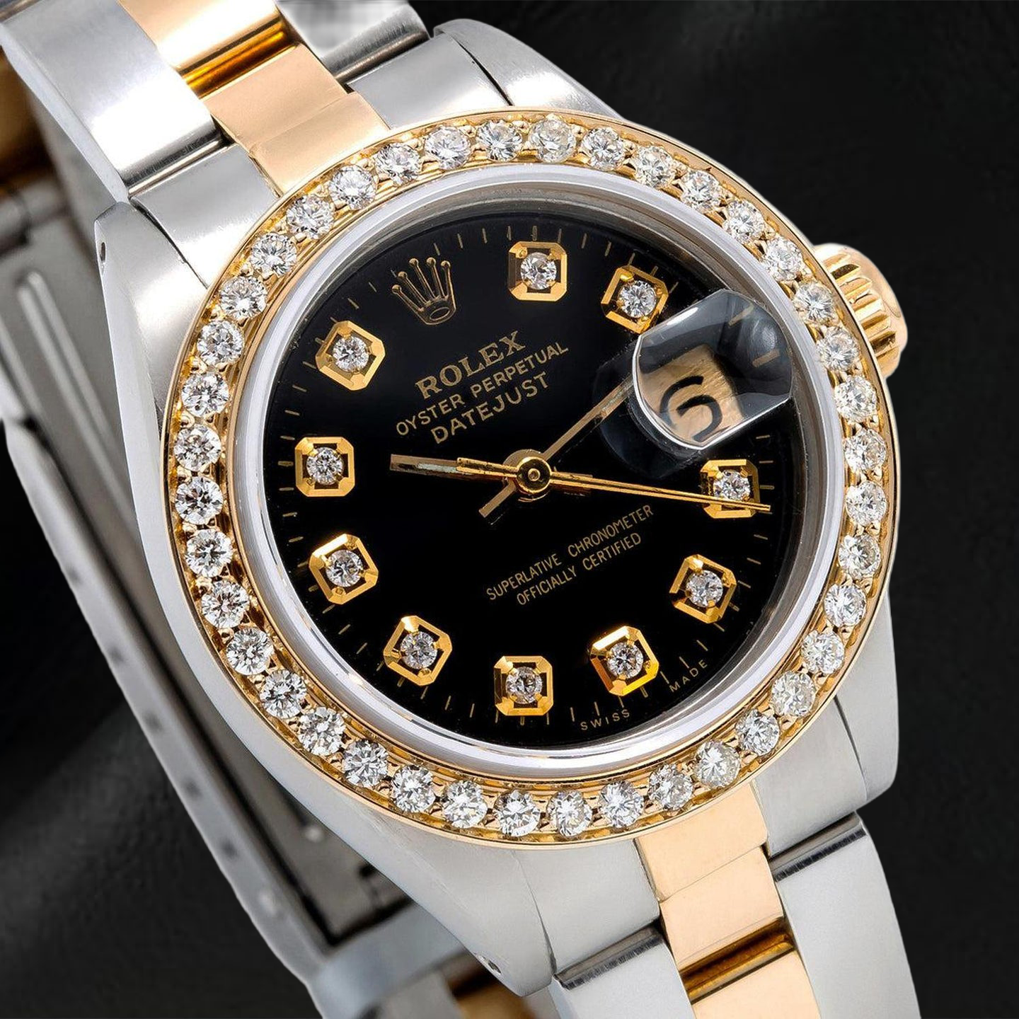 Rolex Datejust 26 mm 69173 Schwarzes Diamantzifferblatt Bicolor Oyster-Armband Uhr