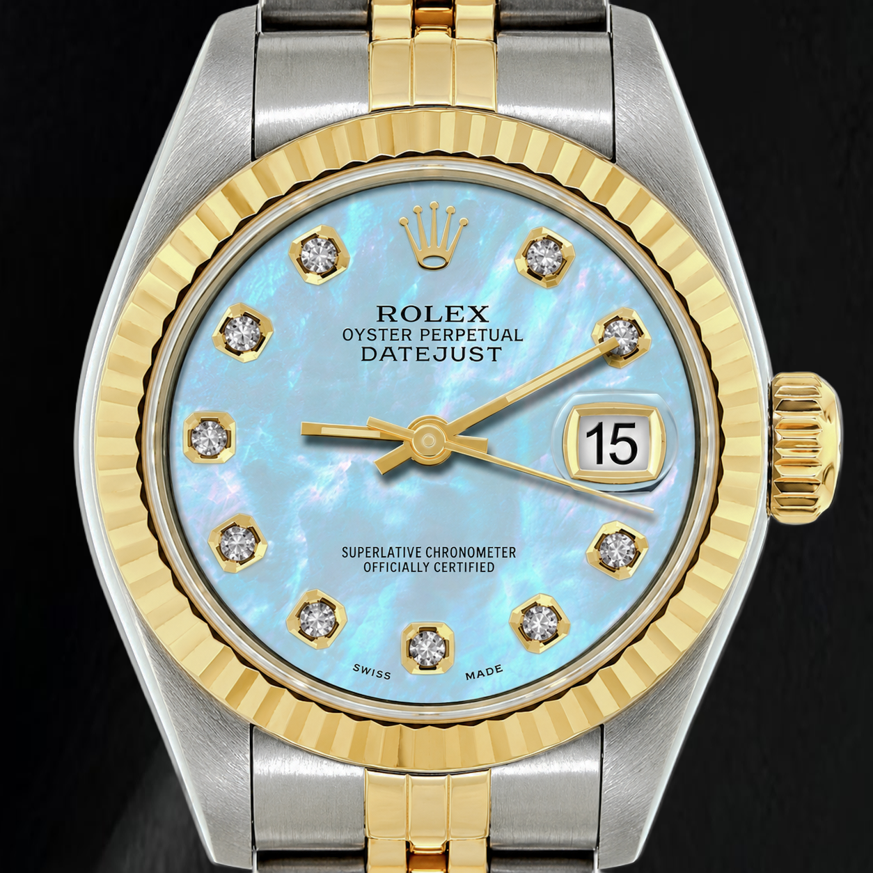 Rolex Datejust 26 mm 69173 Bicolor Uhr mit blauem Perlmutt-Diamantzifferblatt