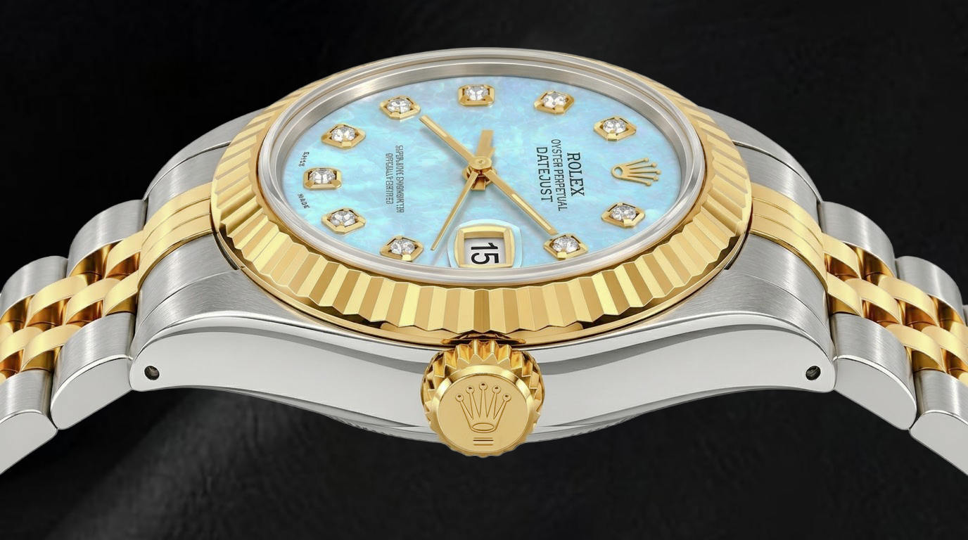 Rolex Datejust 26 mm 69173 Bicolor Uhr mit blauem Perlmutt-Diamantzifferblatt