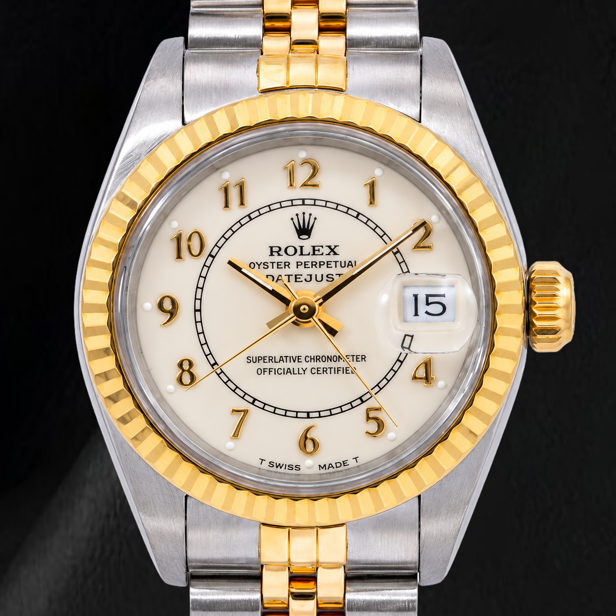 Rolex Datejust 26 mm 69173 Bicolor-Uhr, weißes Jubilé-Zifferblatt mit arabischen Ziffern