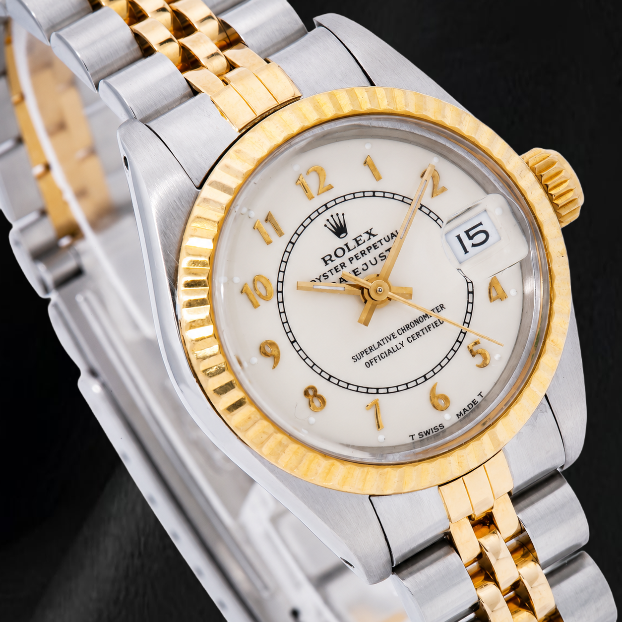Rolex Datejust 26 mm 69173 Bicolor-Uhr, weißes Jubilé-Zifferblatt mit arabischen Ziffern