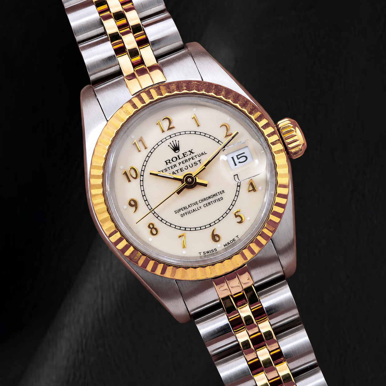 Rolex Datejust 26 mm 69173 Bicolor-Uhr, weißes Jubilé-Zifferblatt mit arabischen Ziffern