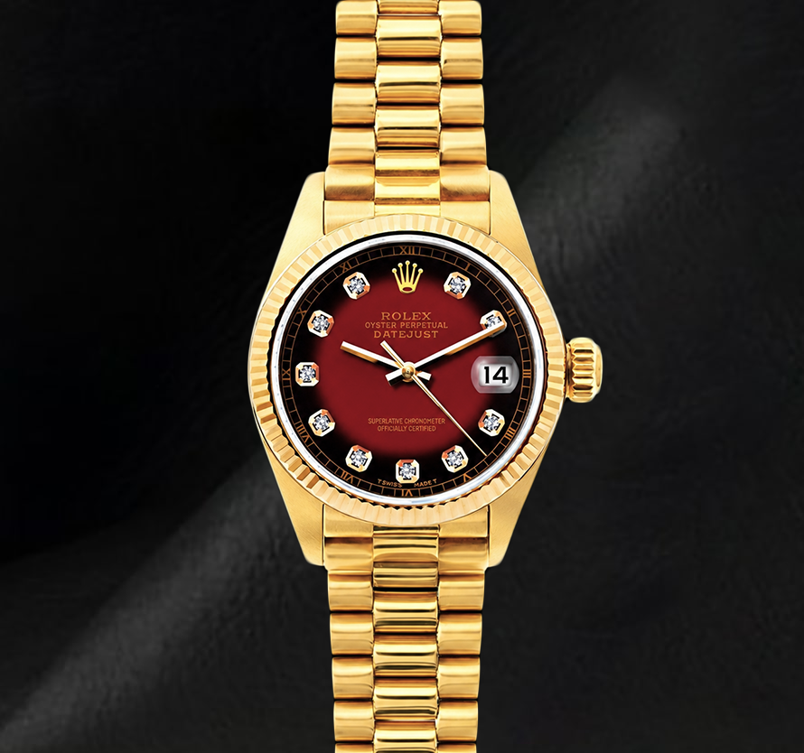 Rolex Datejust 26 mm 69178 Rotes Diamantzifferblatt 18 Karat Gelbgold Uhr