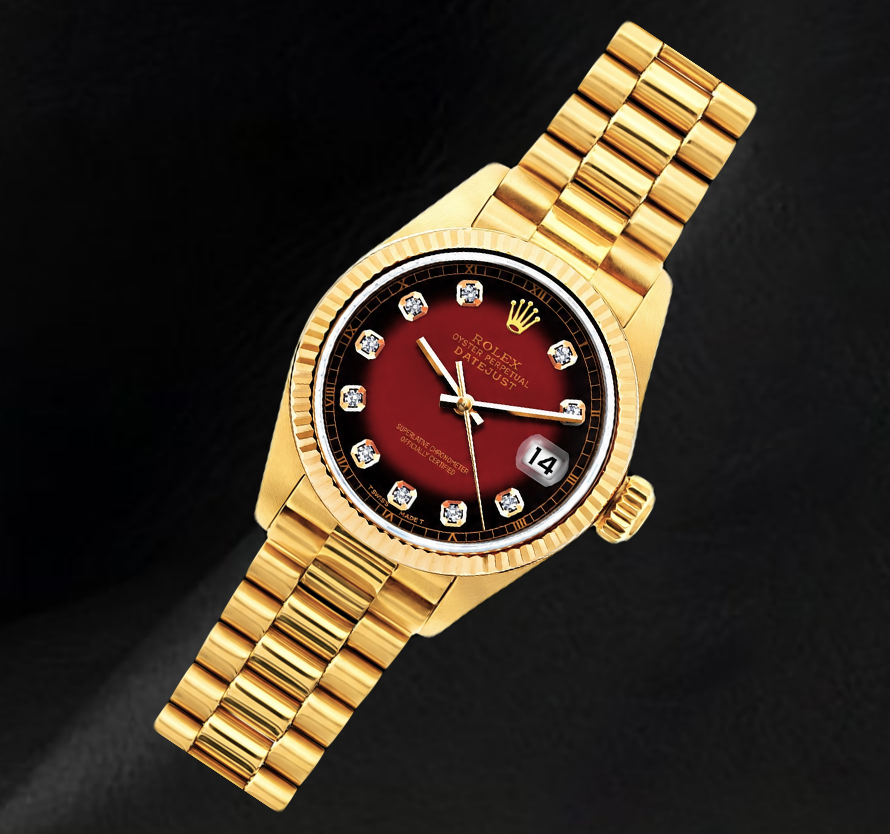 Rolex Datejust 26 mm 69178 Rotes Diamantzifferblatt 18 Karat Gelbgold Uhr