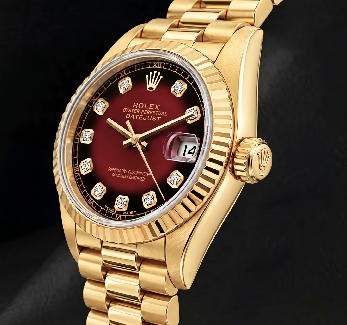 Rolex Datejust 26 mm 69178 Rotes Diamantzifferblatt 18 Karat Gelbgold Uhr