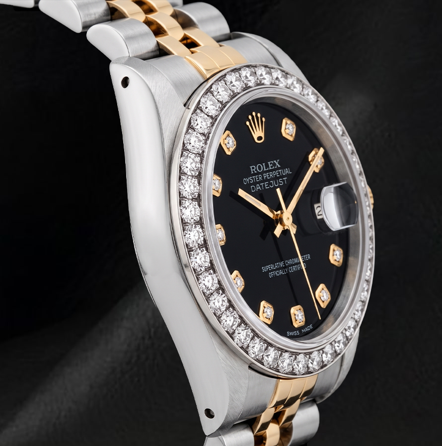 Rolex Datejust 26 mm 6917 Bicolor Uhr mit schwarzem Diamantzifferblatt