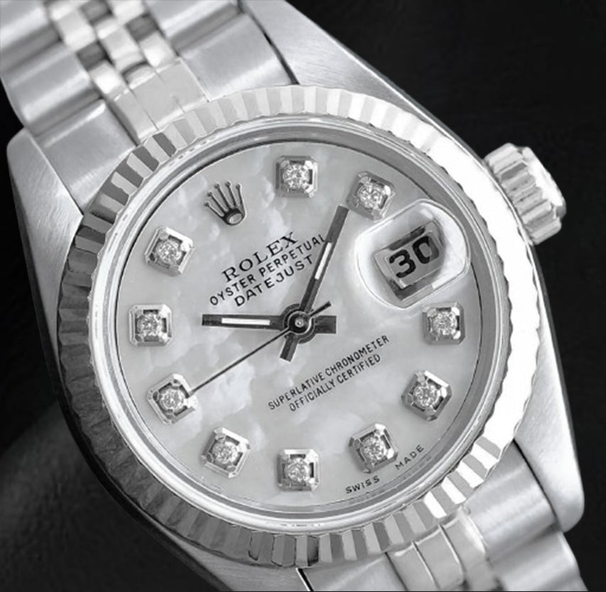 Rolex Datejust 26 mm weißes Perlmutt-Diamant-Zifferblatt aus Edelstahl