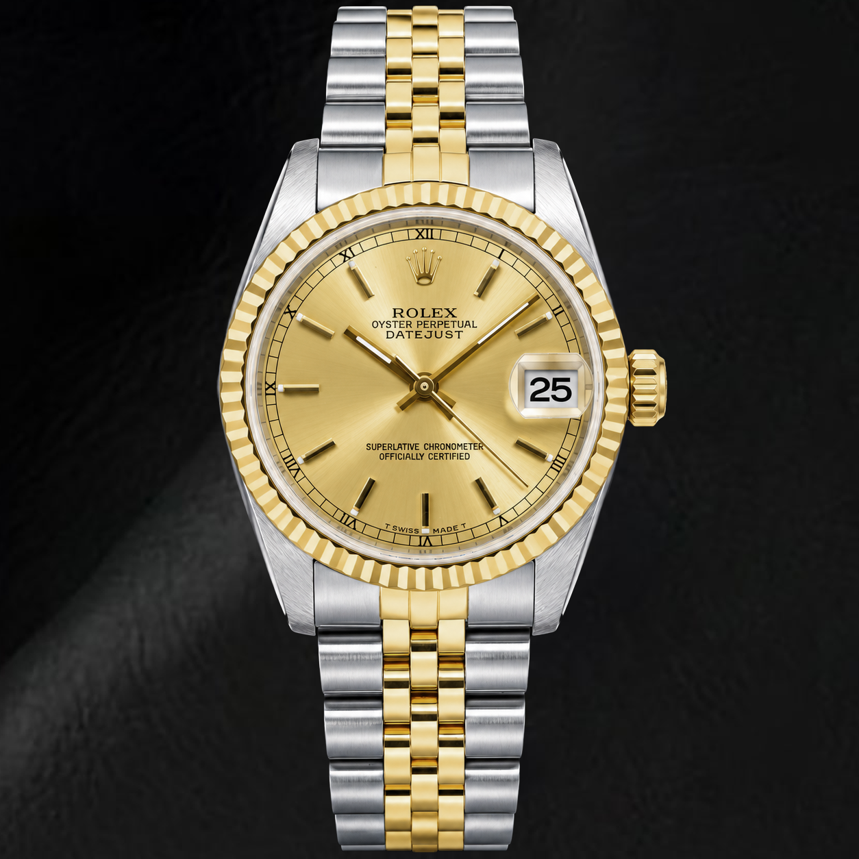 Rolex Datejust 6824 31 mm Bicolor-Uhr, champagnerfarbenes Zifferblatt mit Strichindizes und römischen Ziffern