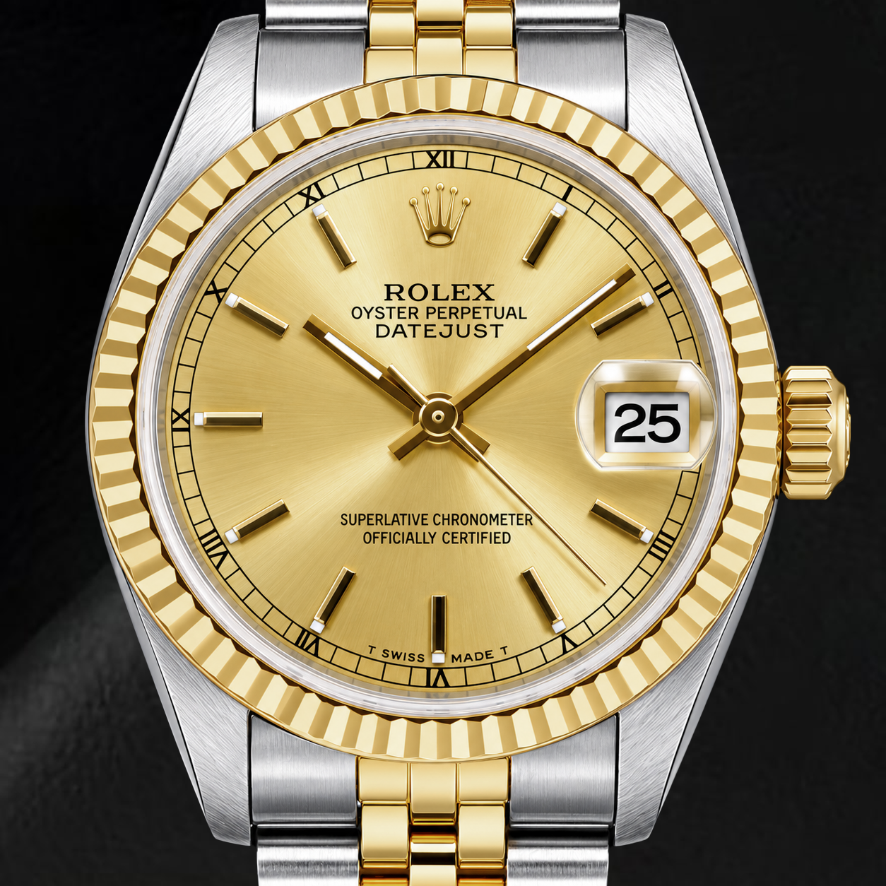 Rolex Datejust 6824 31 mm Bicolor-Uhr, champagnerfarbenes Zifferblatt mit Strichindizes und römischen Ziffern